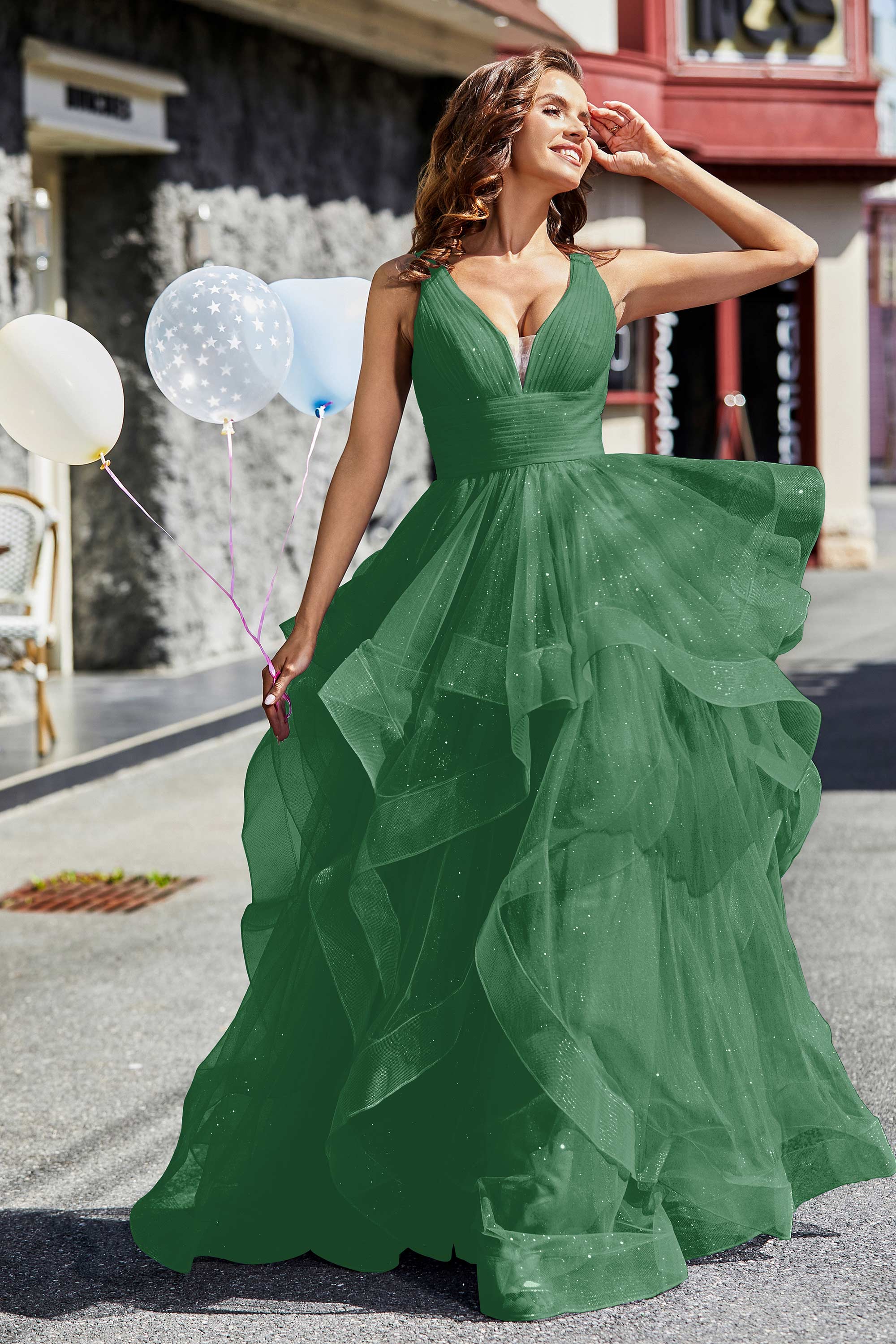Sleeveless Ruched Skirt Tulle Ball Prom Party Gown Formal Evening Dresses