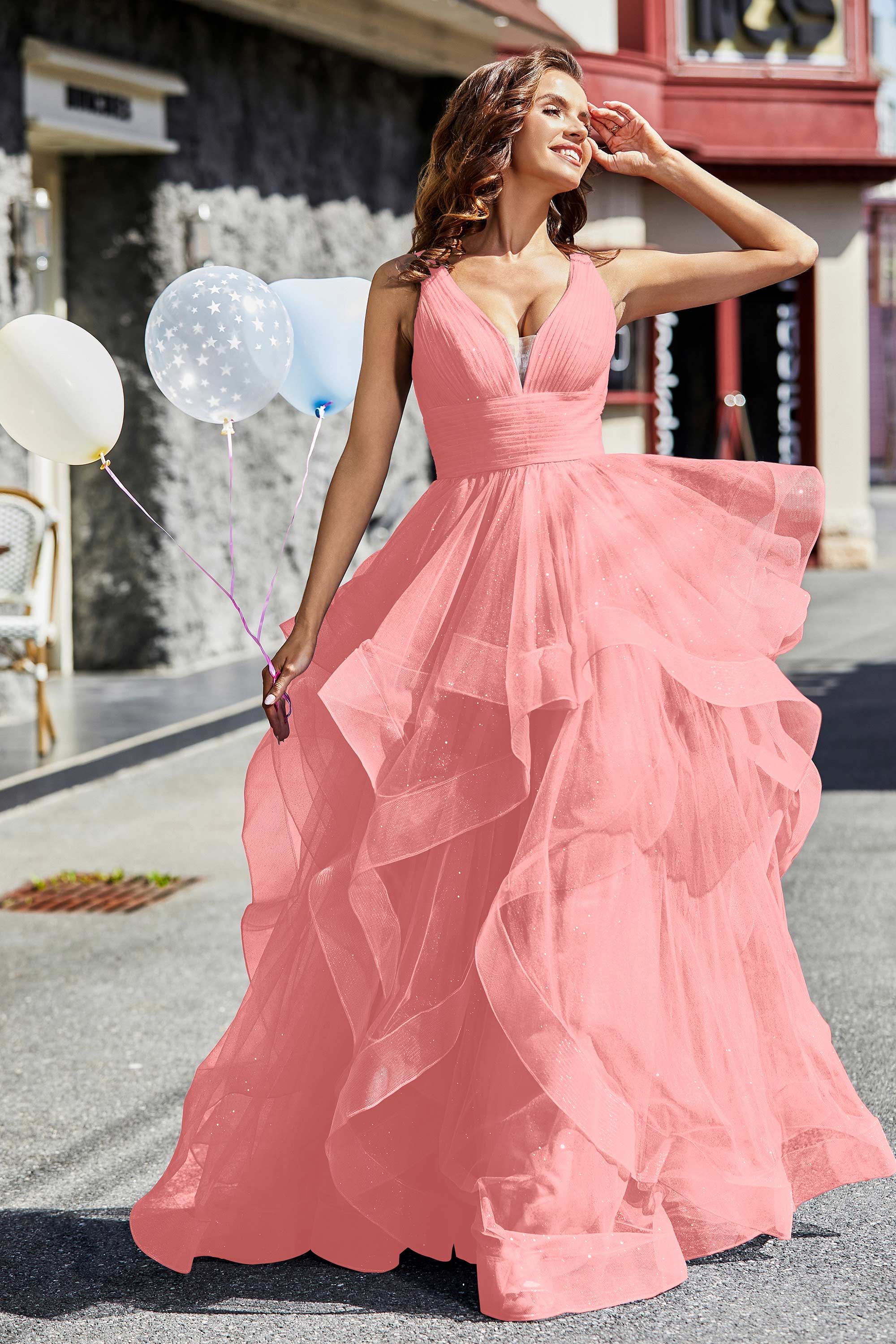 Sleeveless Ruched Skirt Tulle Ball Prom Party Gown Formal Evening Dresses