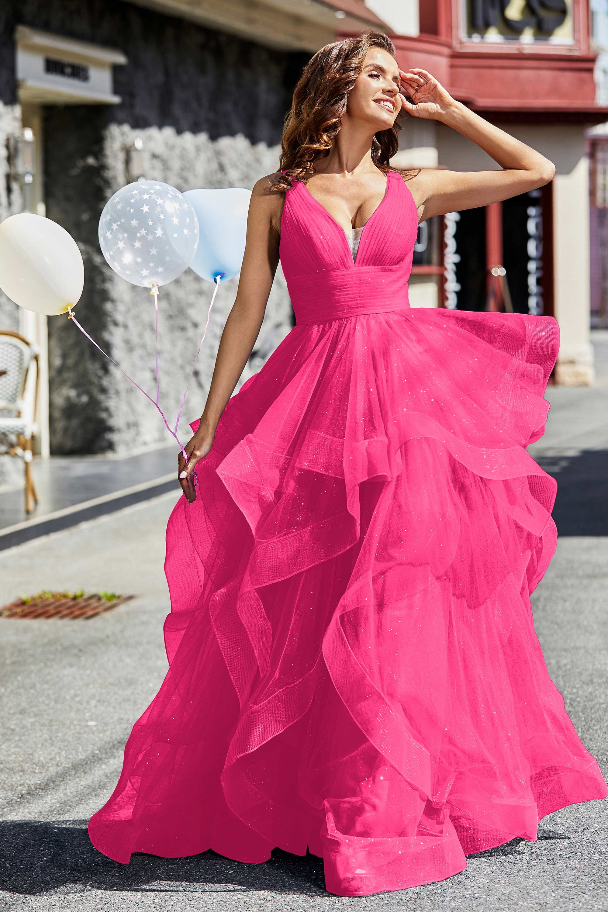 Sleeveless Ruched Skirt Tulle Ball Prom Party Gown Formal Evening Dresses