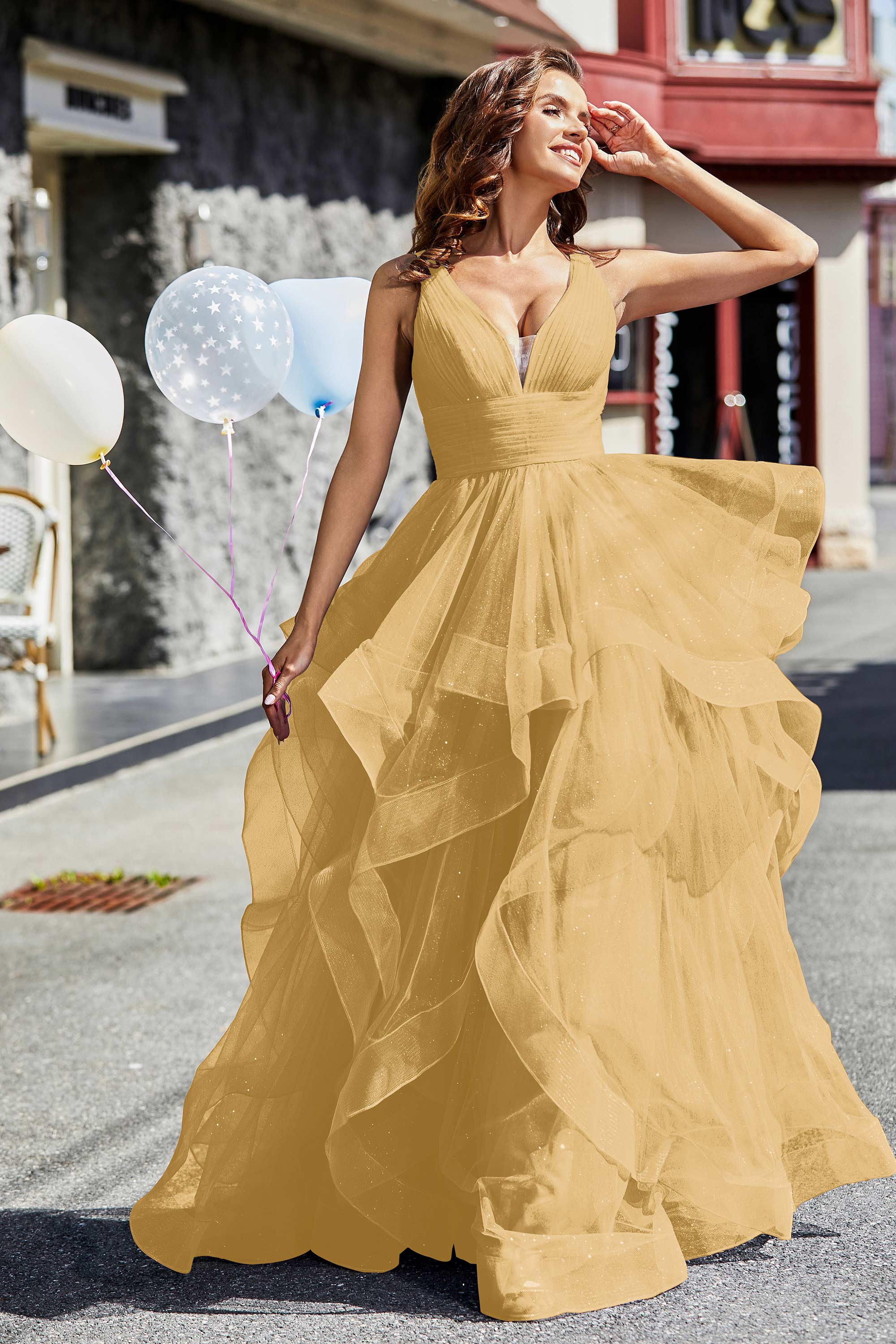 Sleeveless Ruched Skirt Tulle Ball Prom Party Gown Formal Evening Dresses