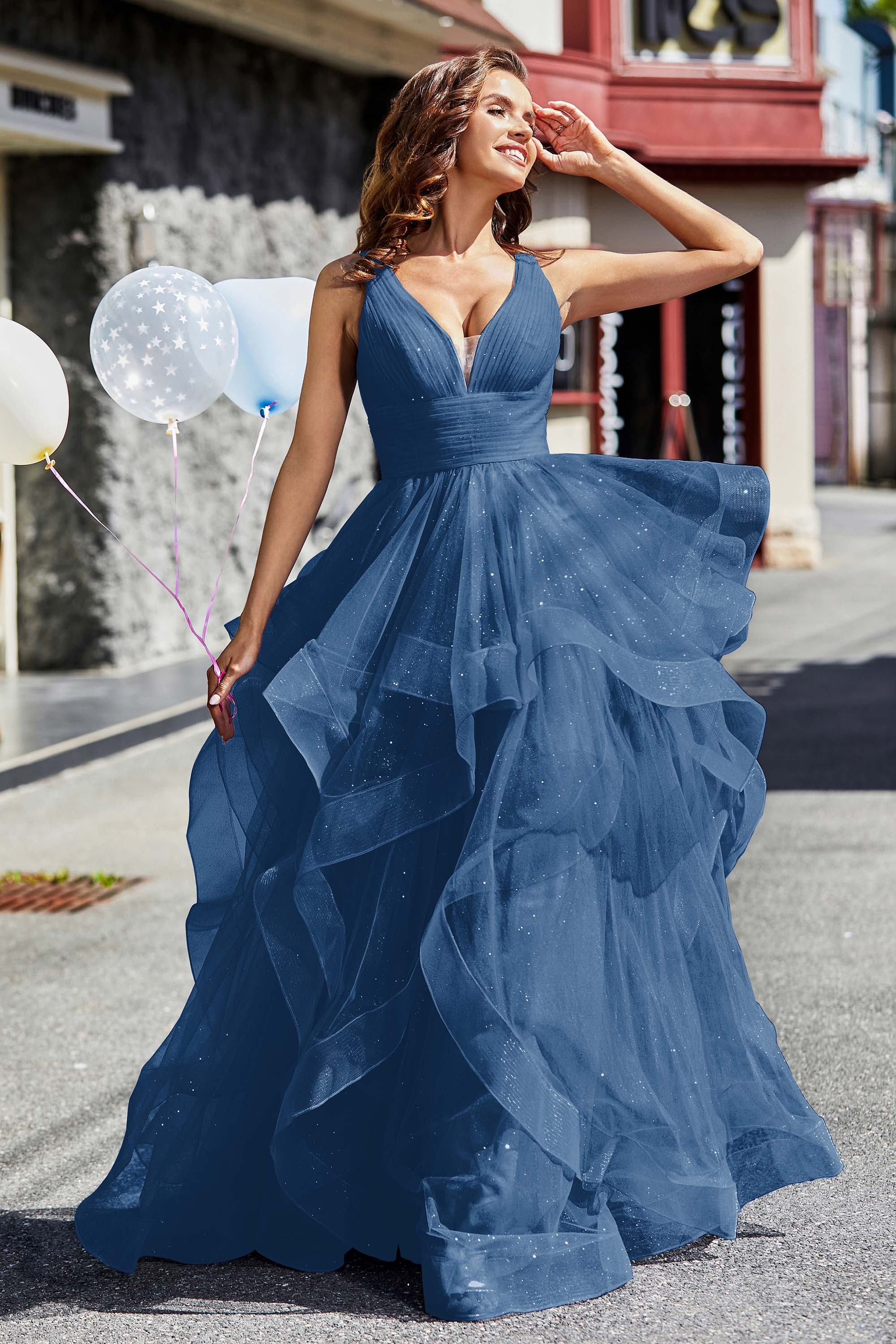 Sleeveless Ruched Skirt Tulle Ball Prom Party Gown Formal Evening Dresses