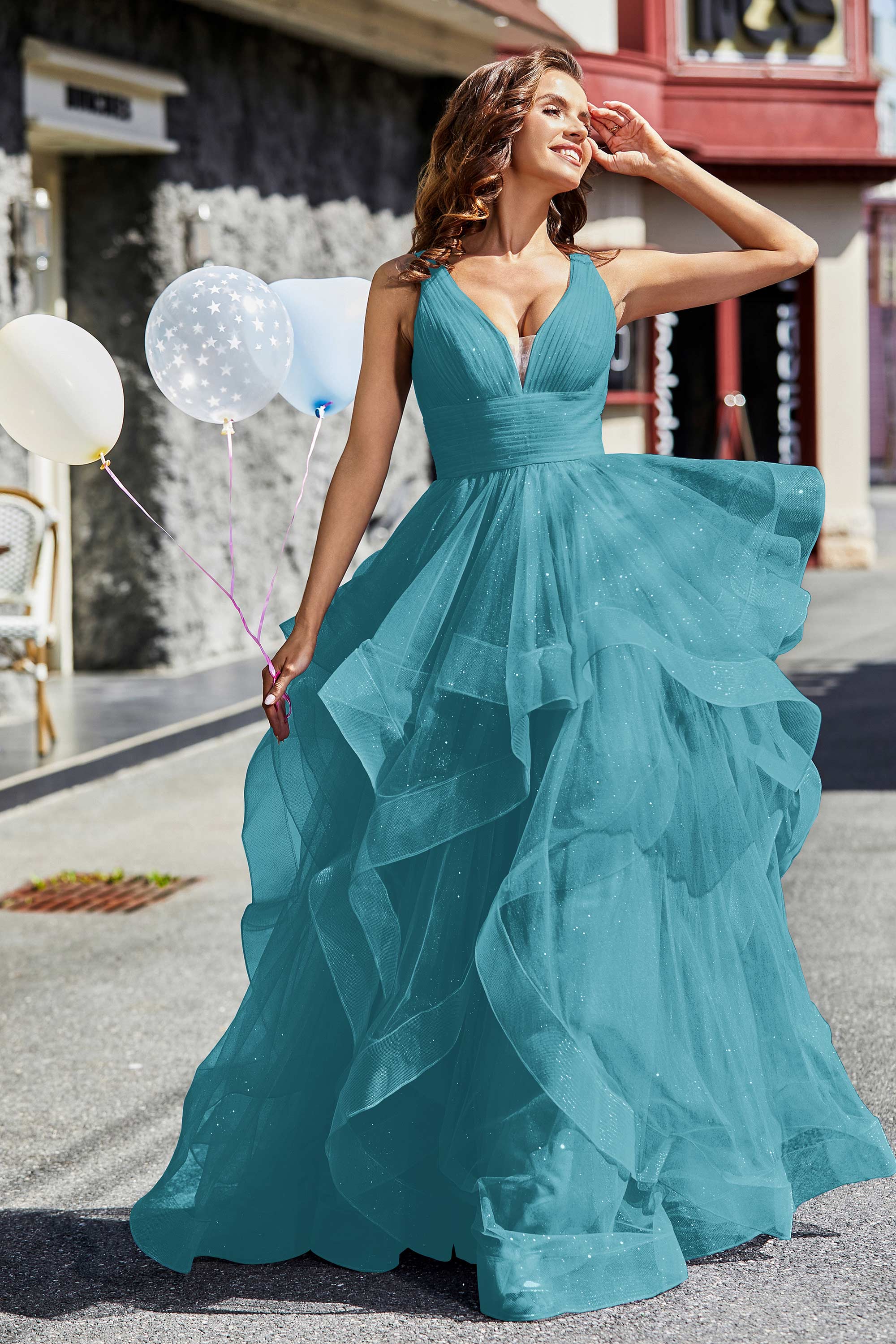 Sleeveless Ruched Skirt Tulle Ball Prom Party Gown Formal Evening Dresses