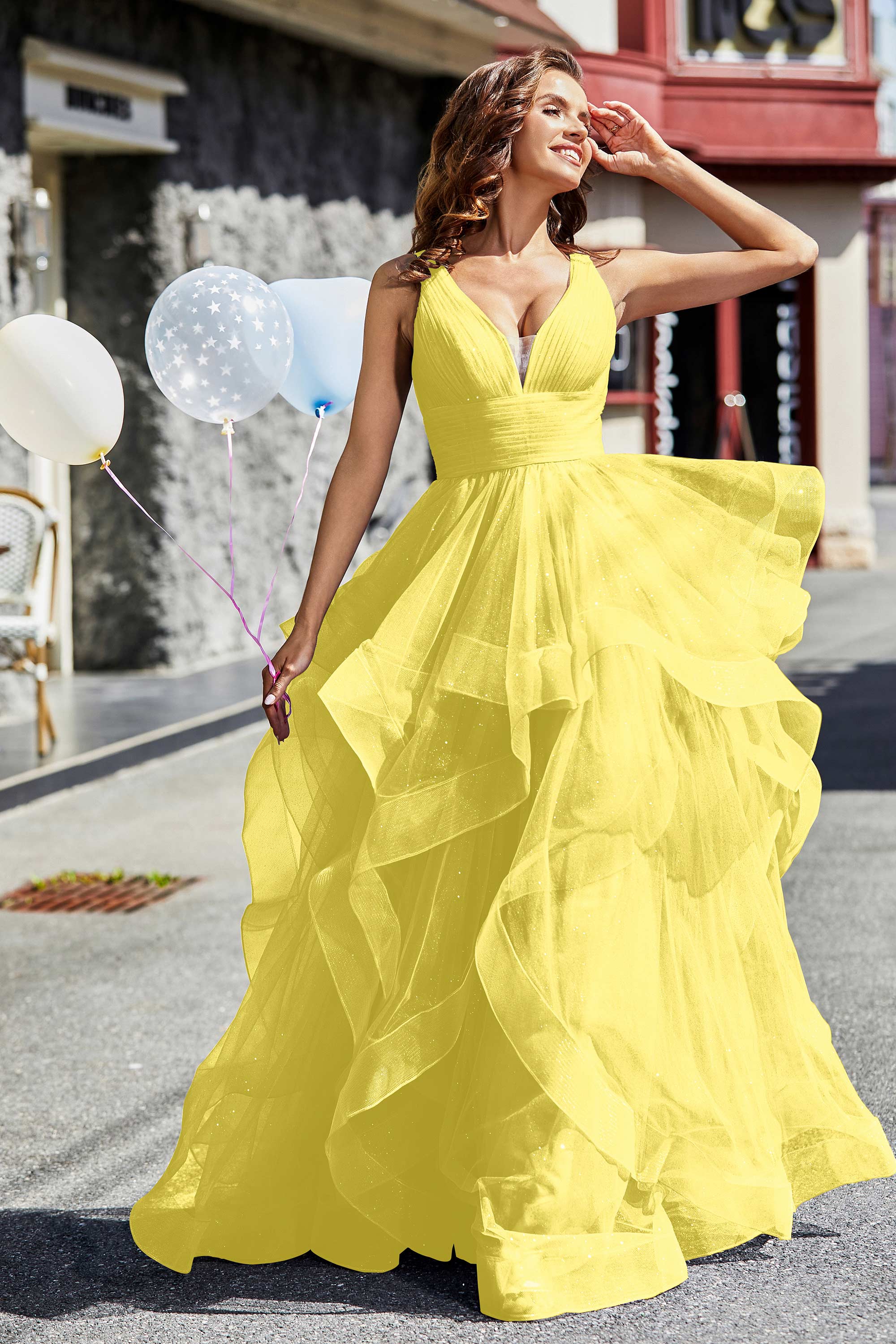 Sleeveless Ruched Skirt Tulle Ball Prom Party Gown Formal Evening Dresses