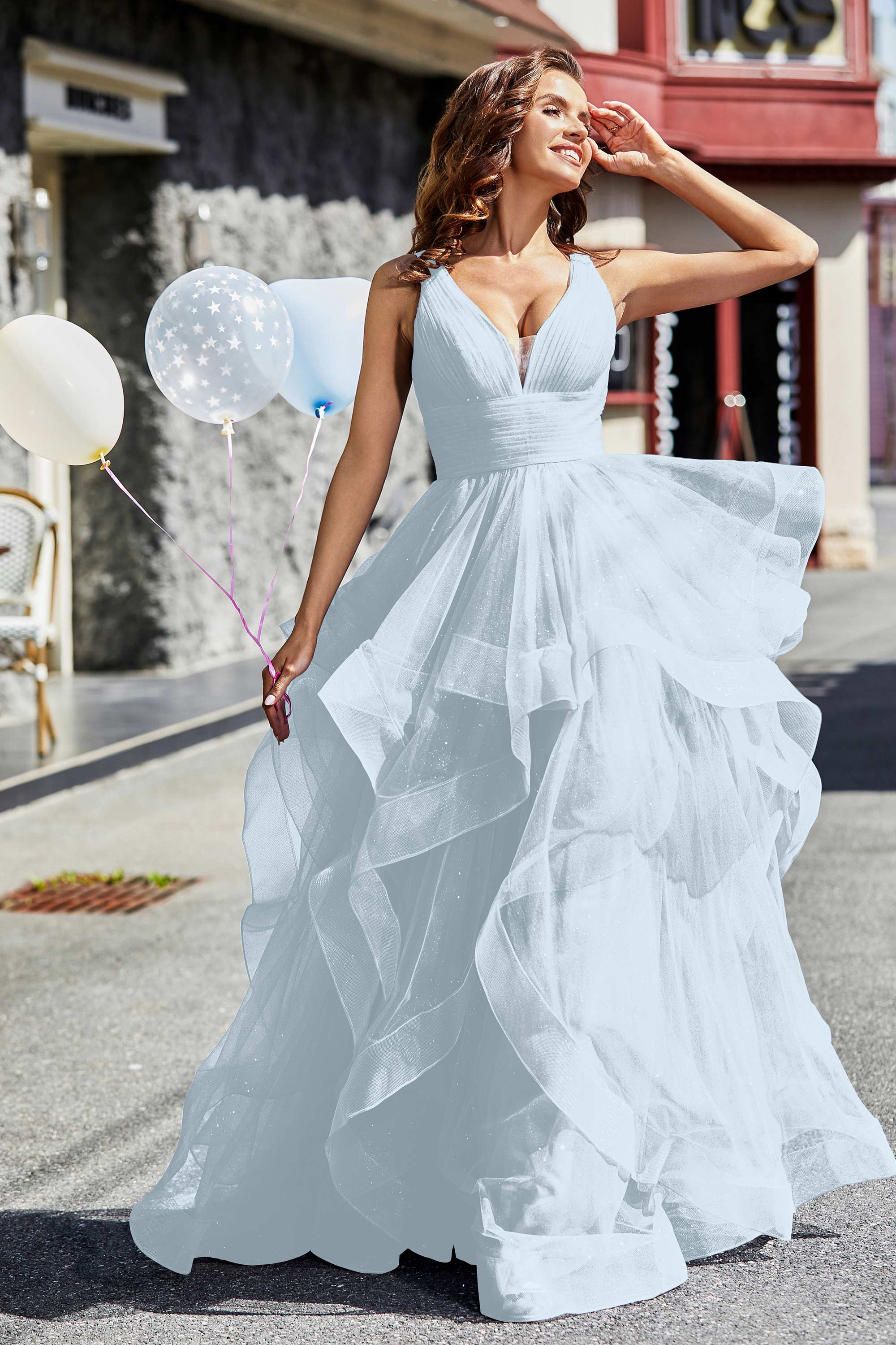 Sleeveless Ruched Skirt Tulle Ball Prom Party Gown Formal Evening Dresses