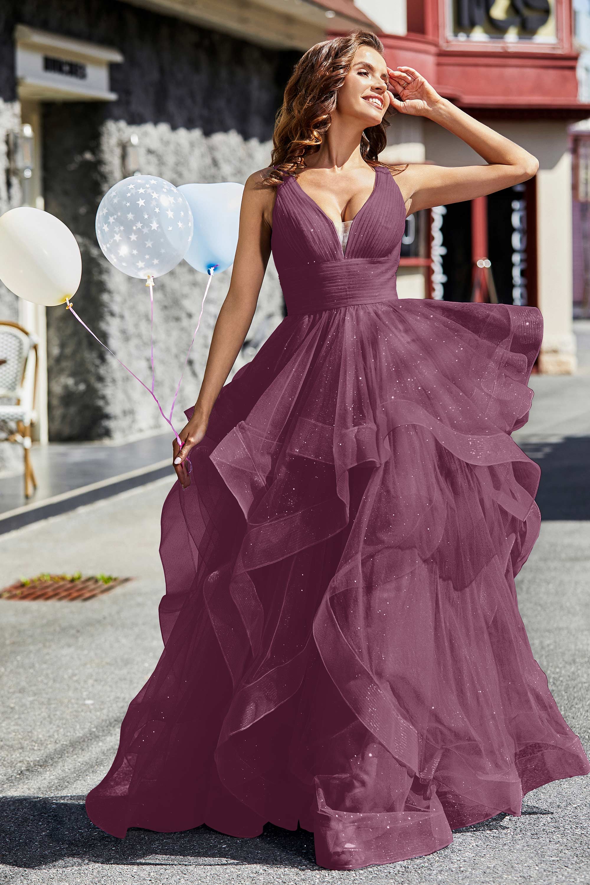 Sleeveless Ruched Skirt Tulle Ball Prom Party Gown Formal Evening Dresses