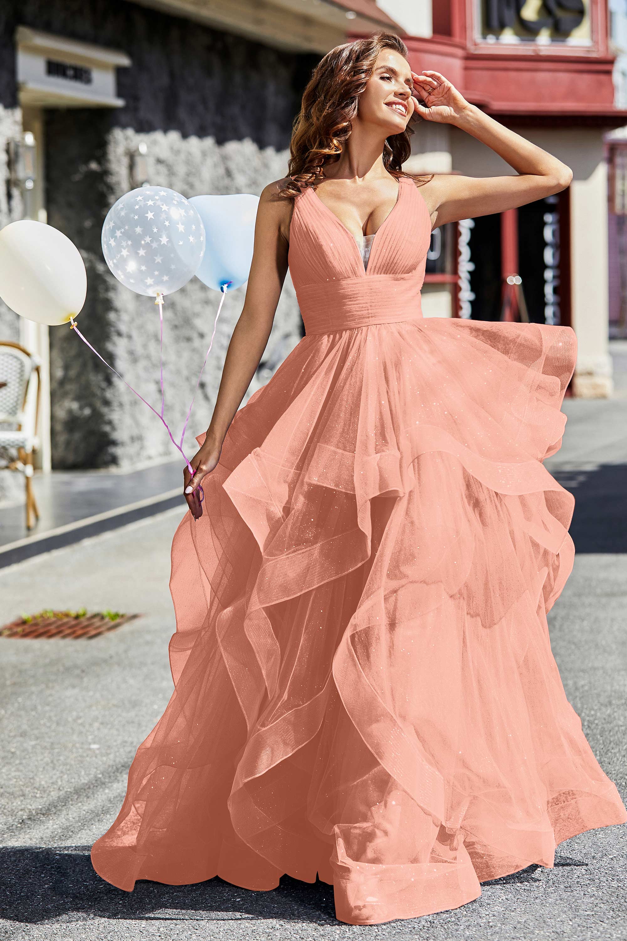Sleeveless Ruched Skirt Tulle Ball Prom Party Gown Formal Evening Dresses