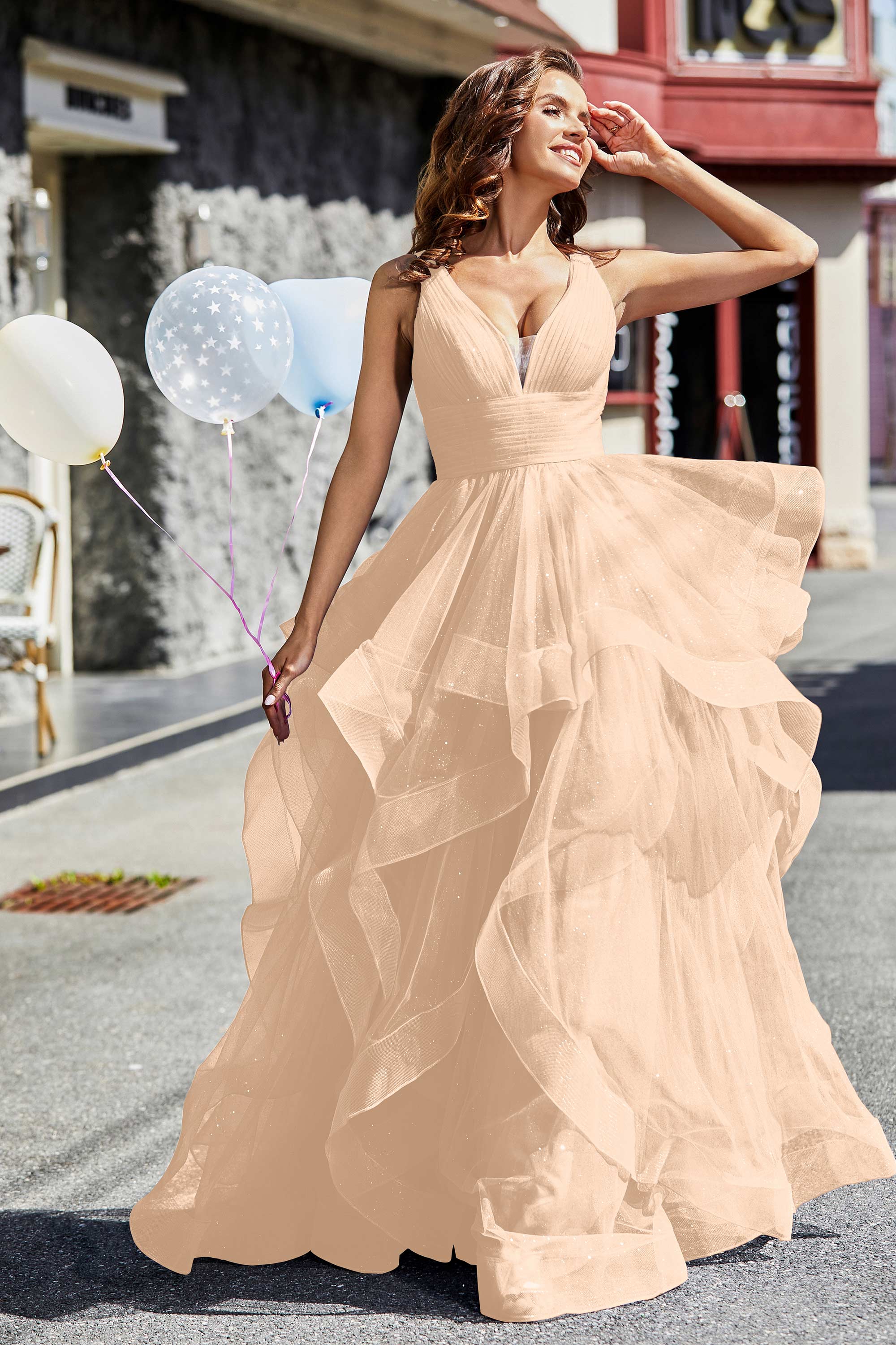 Sleeveless Ruched Skirt Tulle Ball Prom Party Gown Formal Evening Dresses