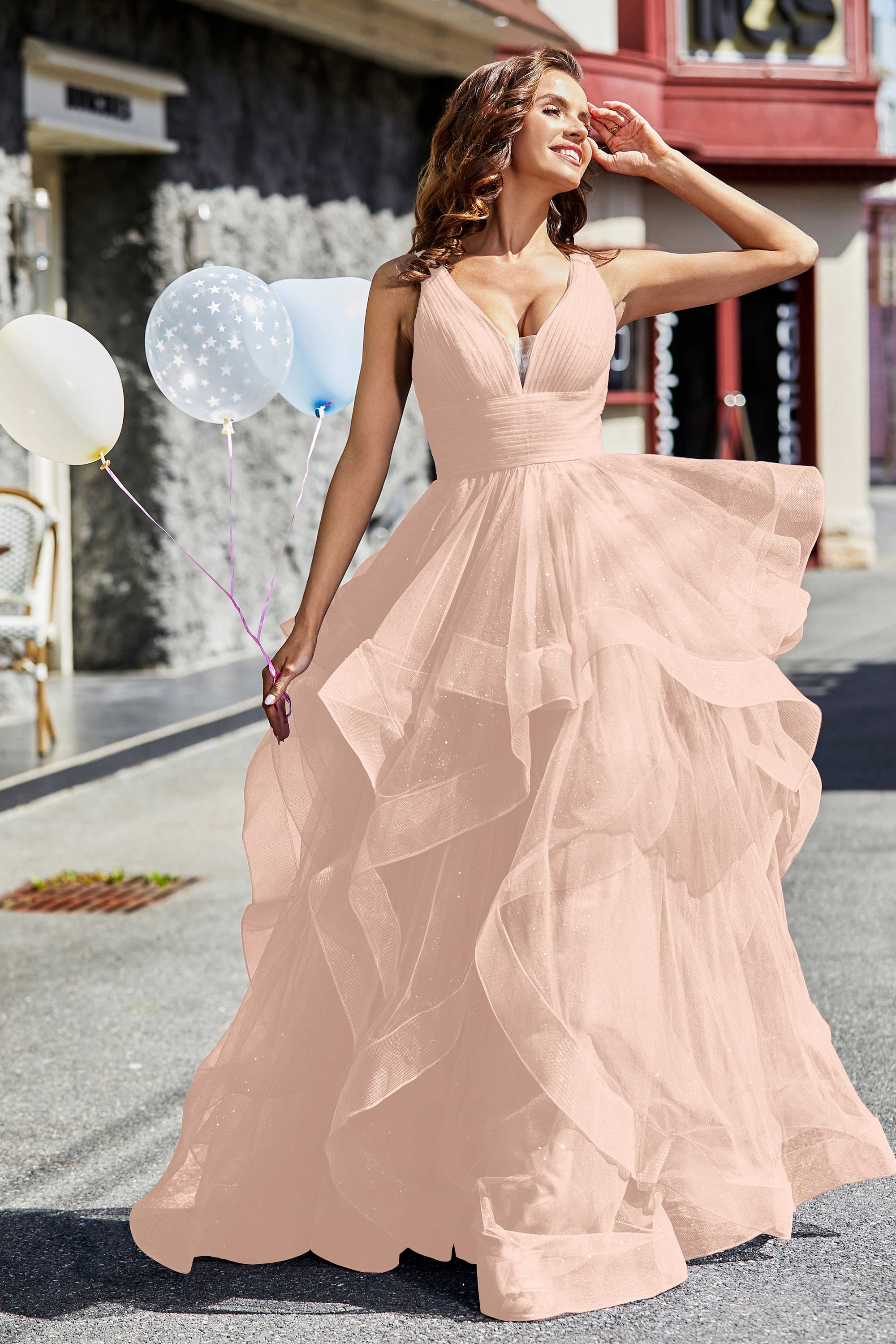 Sleeveless Ruched Skirt Tulle Ball Prom Party Gown Formal Evening Dresses