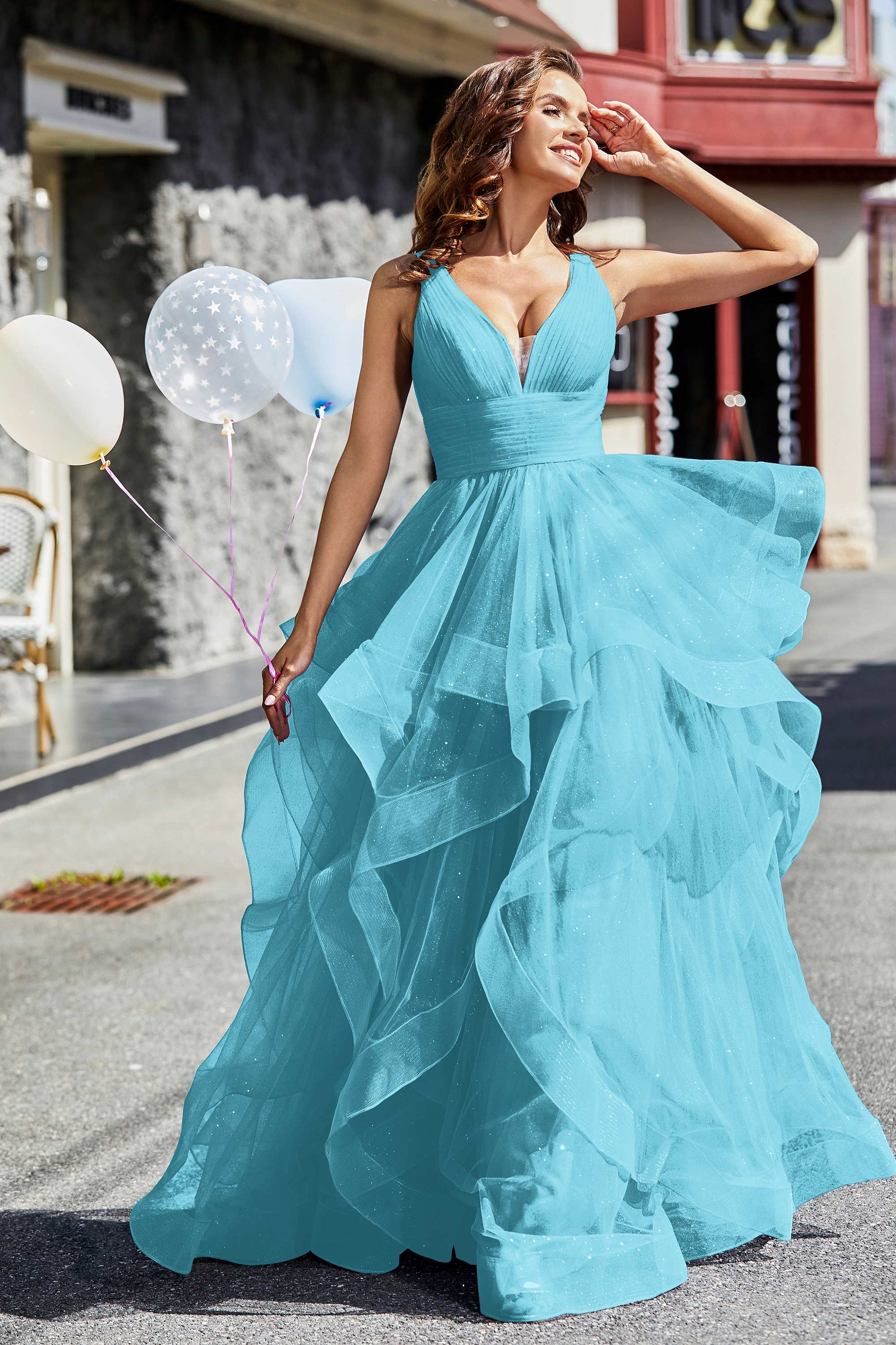 Sleeveless Ruched Skirt Tulle Ball Prom Party Gown Formal Evening Dresses