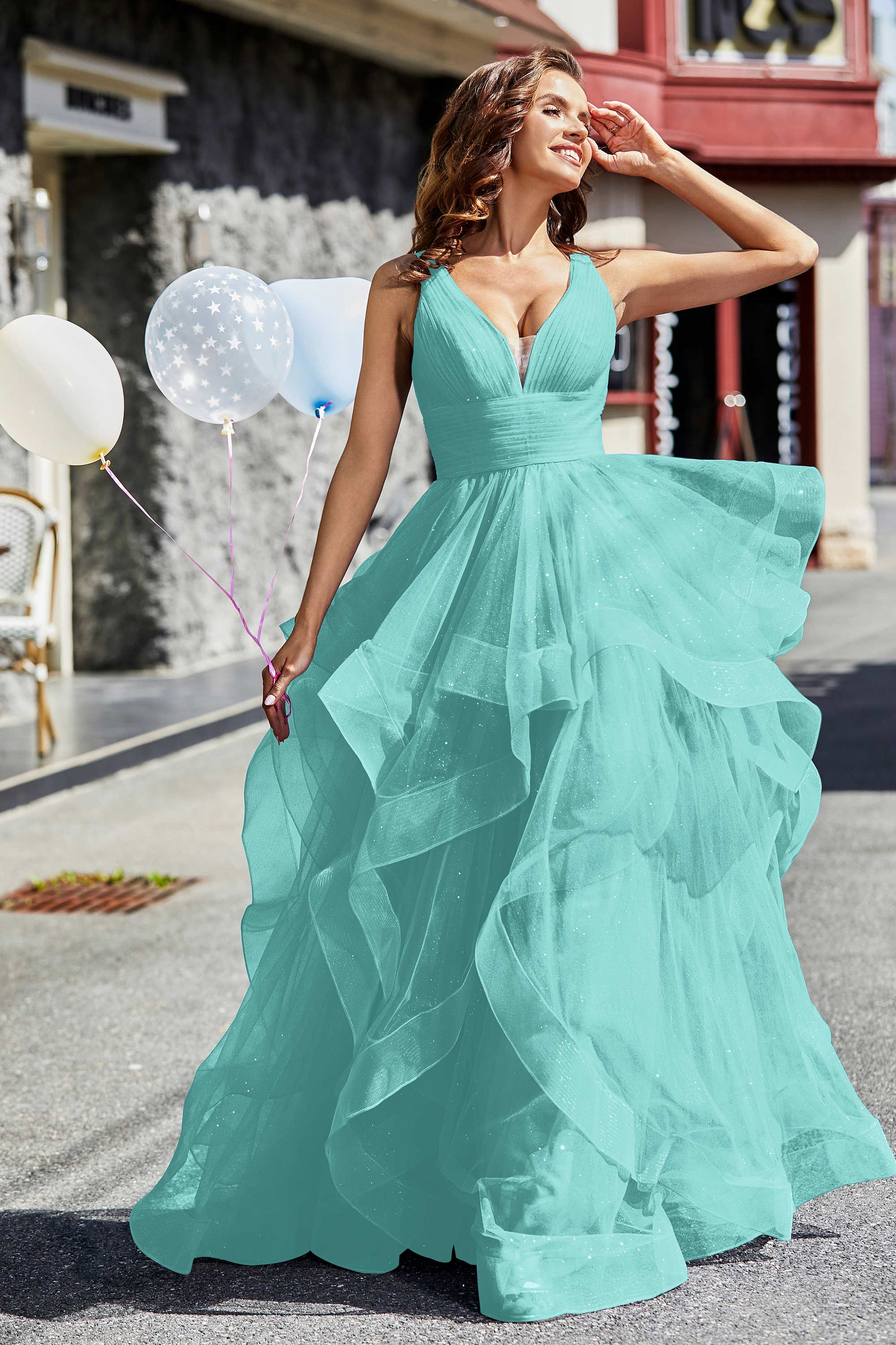 Sleeveless Ruched Skirt Tulle Ball Prom Party Gown Formal Evening Dresses
