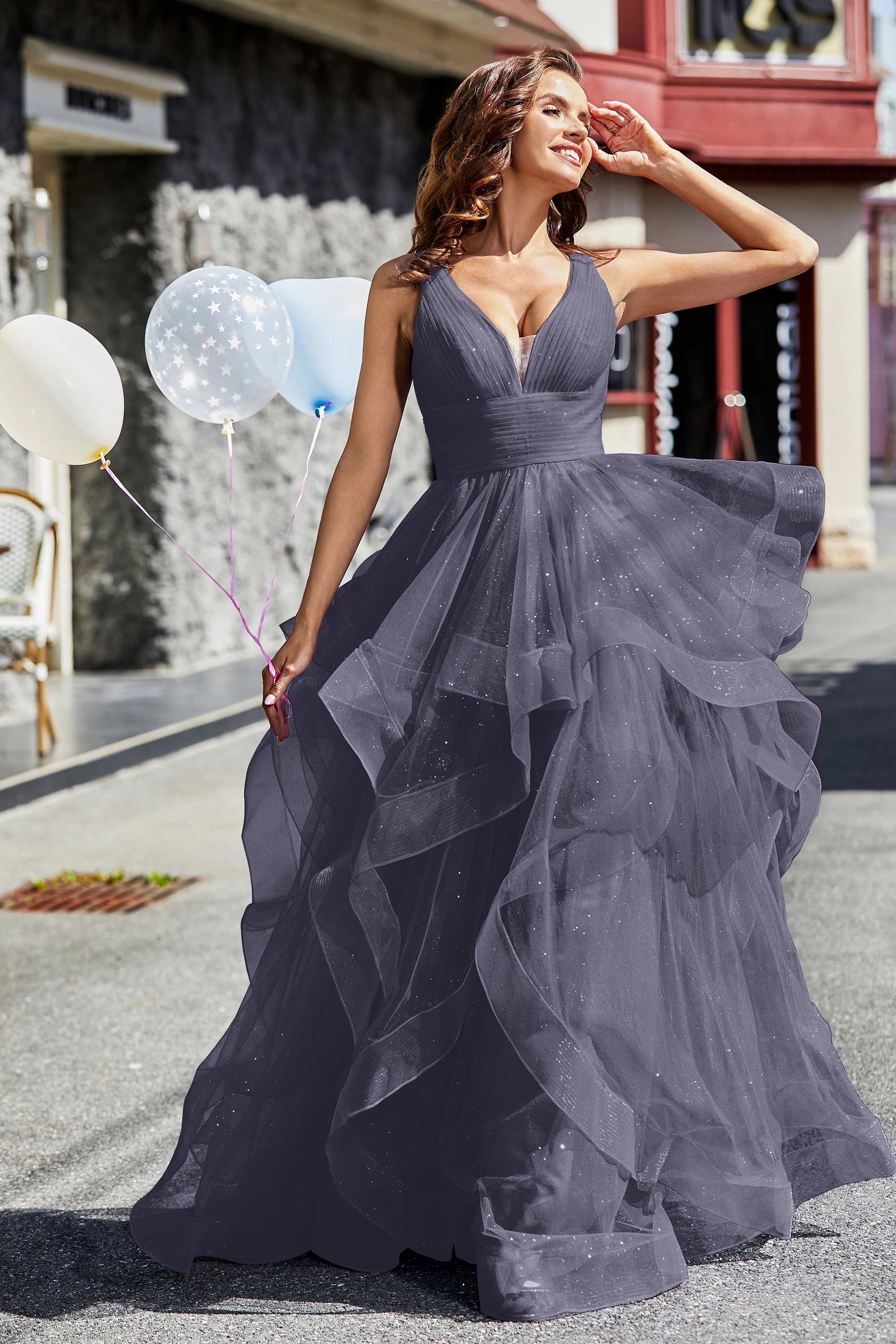 Sleeveless Ruched Skirt Tulle Ball Prom Party Gown Formal Evening Dresses