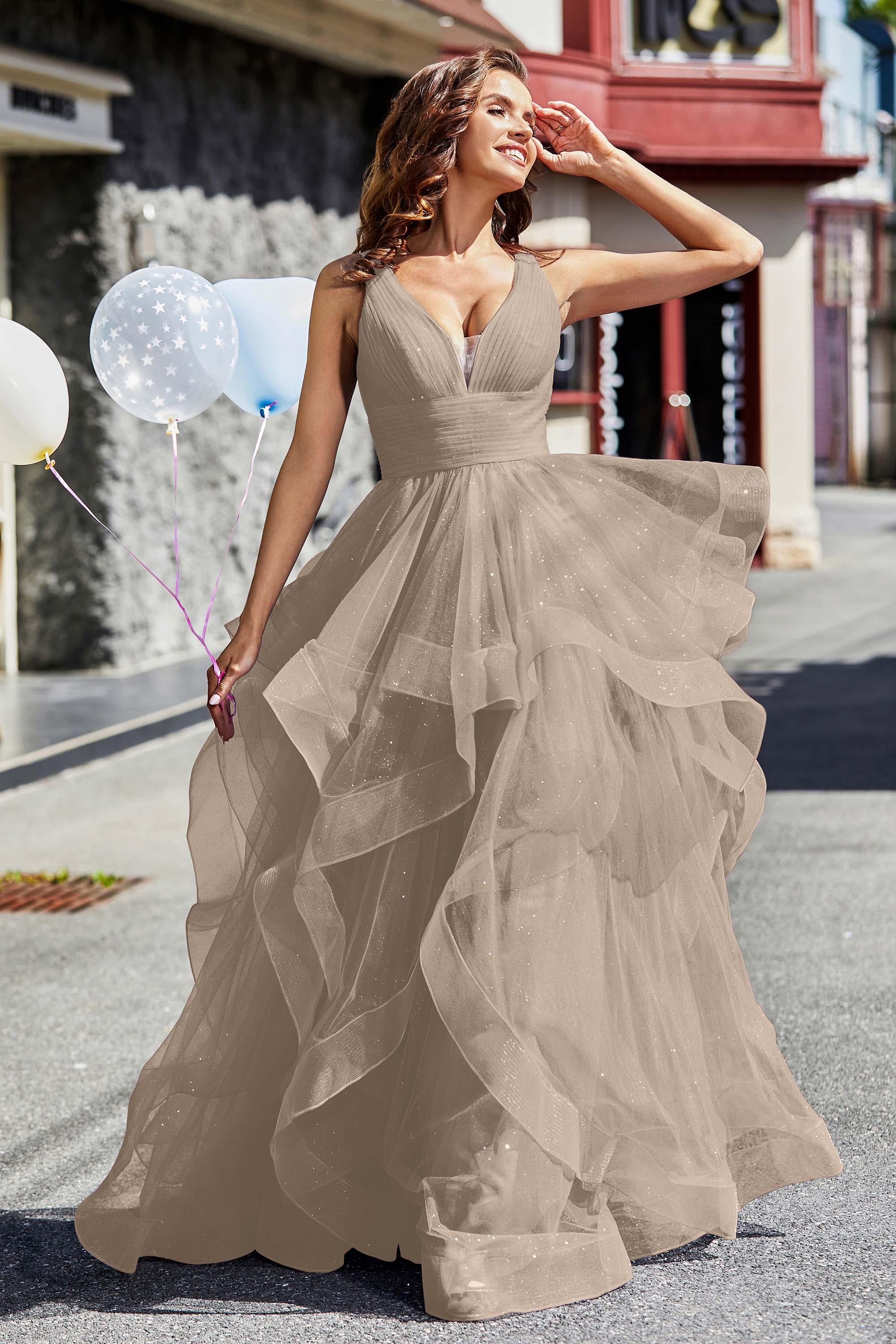 Sleeveless Ruched Skirt Tulle Ball Prom Party Gown Formal Evening Dresses