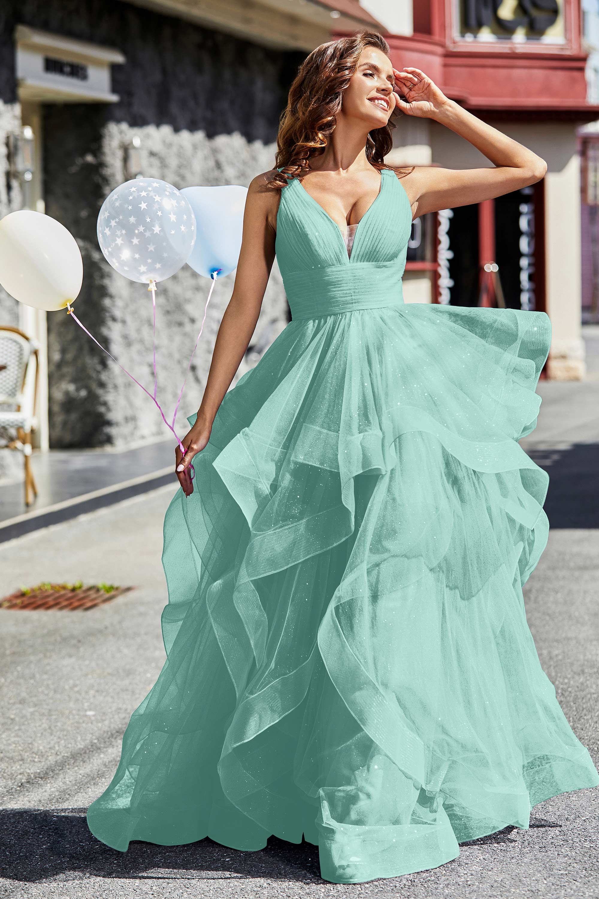 Sleeveless Ruched Skirt Tulle Ball Prom Party Gown Formal Evening Dresses