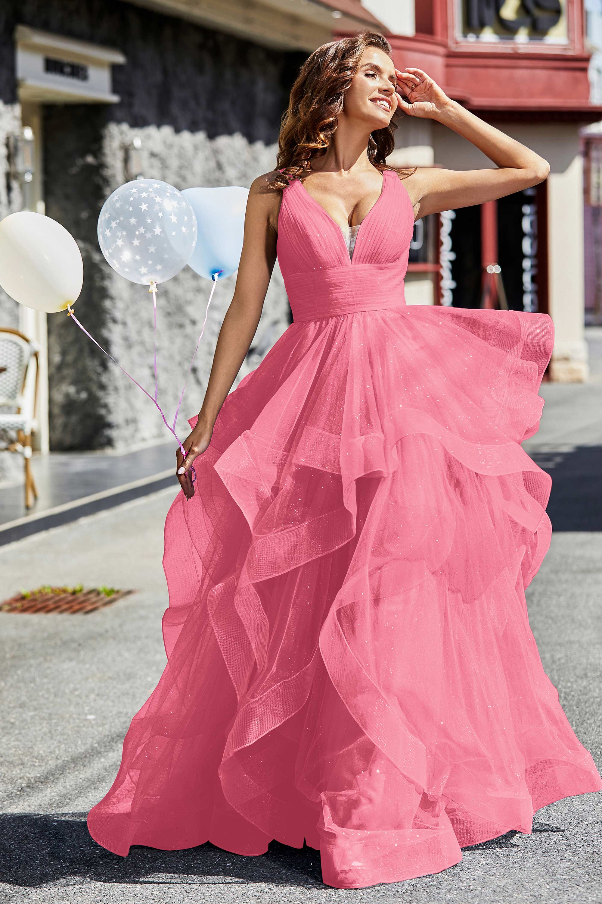 Sleeveless Ruched Skirt Tulle Ball Prom Party Gown Formal Evening Dresses