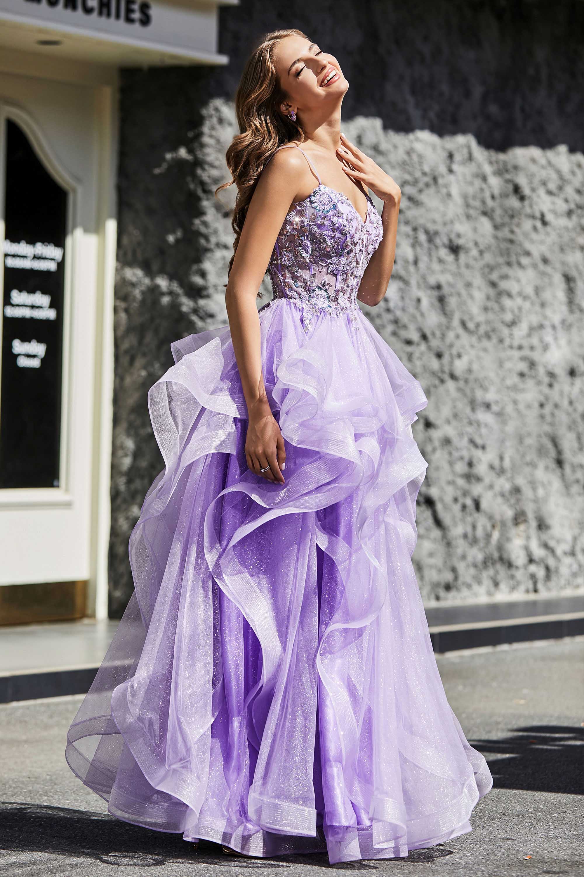Lace Up Back Ruffle Ruched Tulle Prom Party Ball Gown Formal Evening Dresses