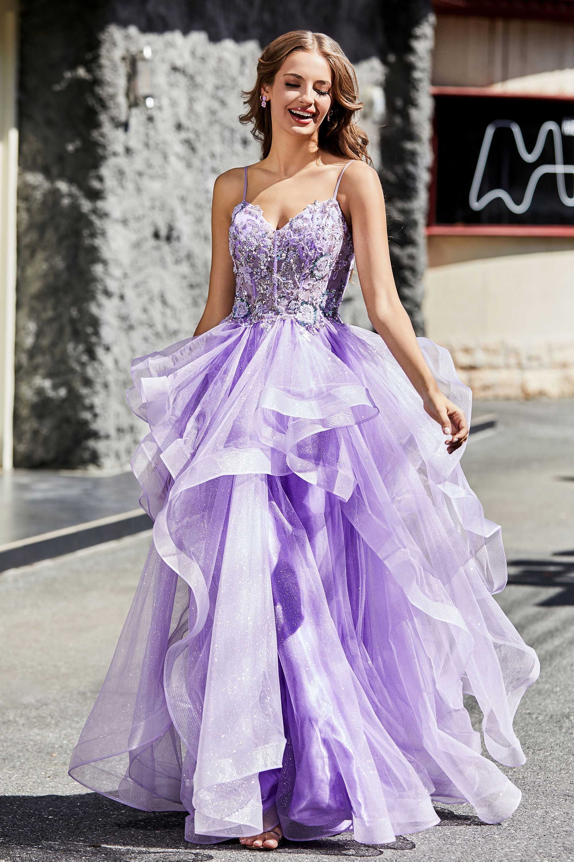 Lace Up Back Ruffle Ruched Tulle Prom Party Ball Gown Formal Evening Dresses