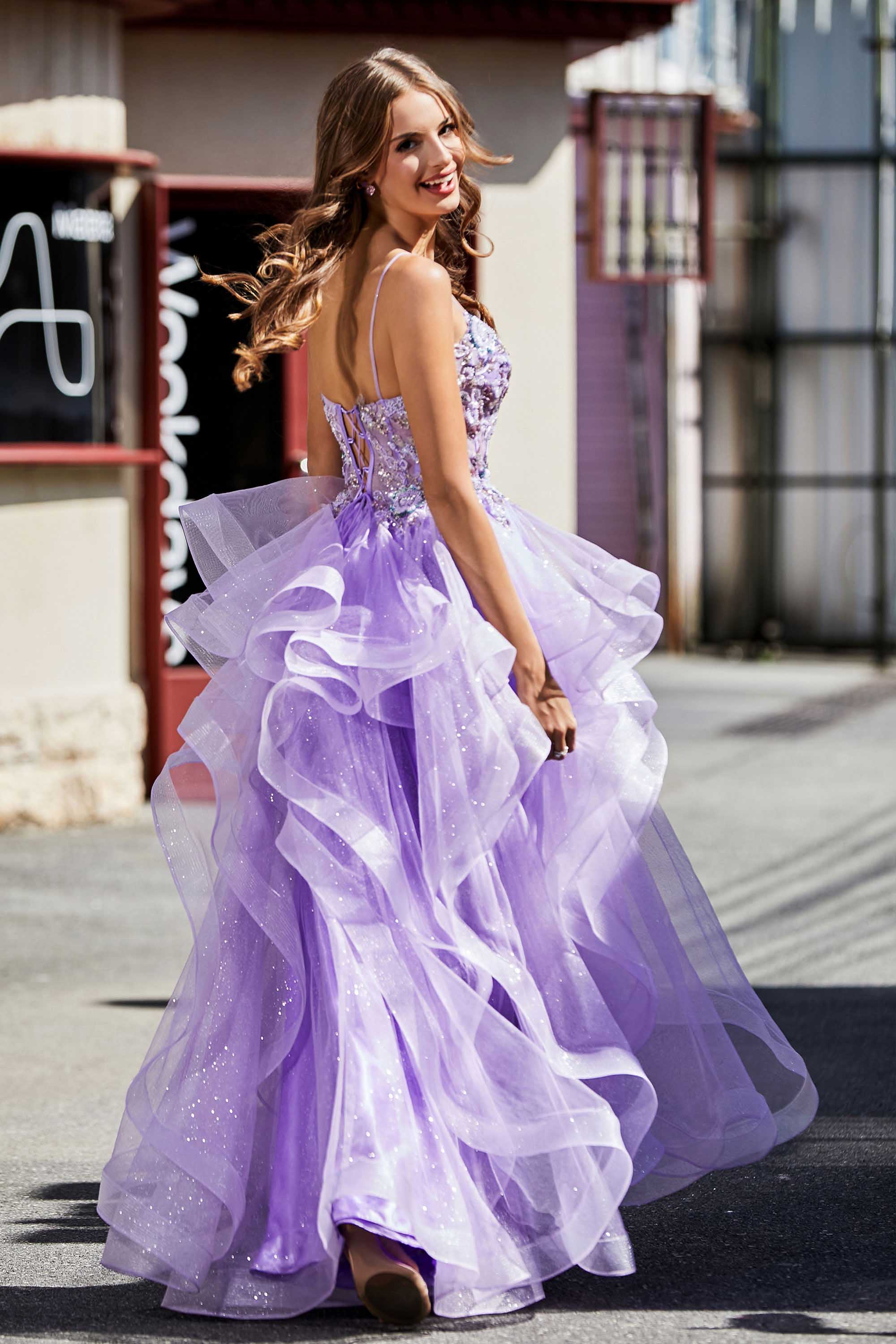 Lace Up Back Ruffle Ruched Tulle Prom Party Ball Gown Formal Evening Dresses