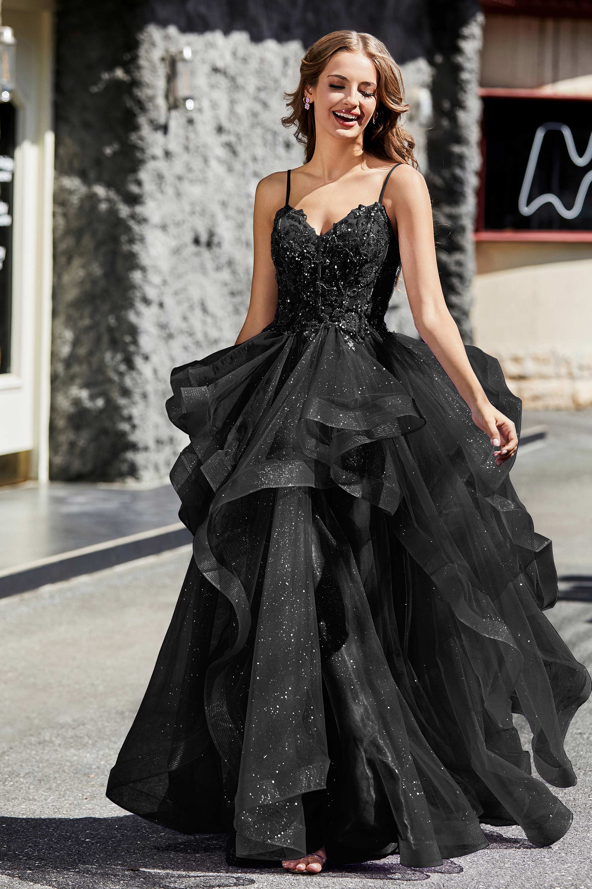 Lace Up Back Ruffle Ruched Tulle Prom Party Ball Gown Formal Evening Dresses