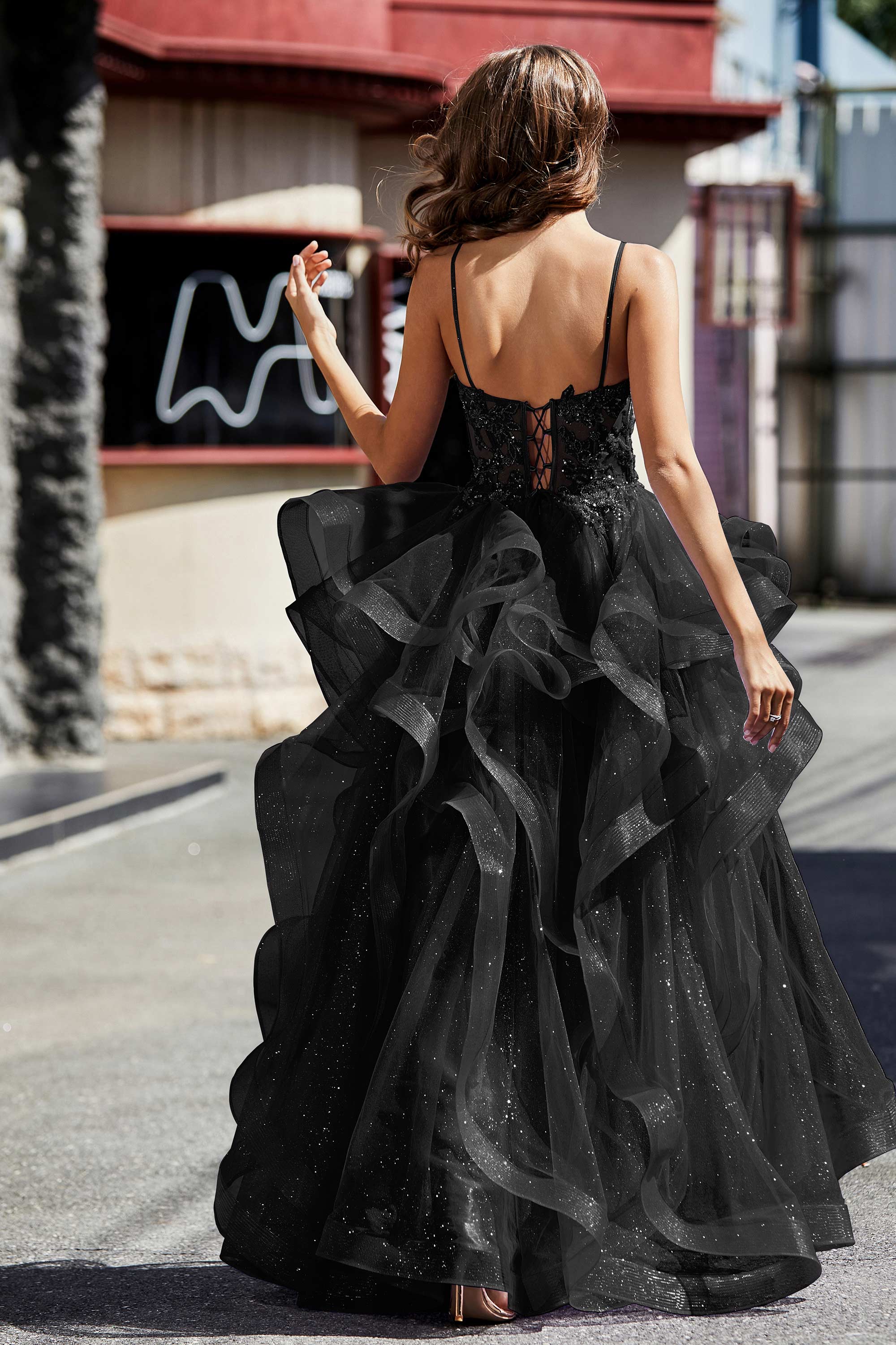 Lace Up Back Ruffle Ruched Tulle Prom Party Ball Gown Formal Evening Dresses