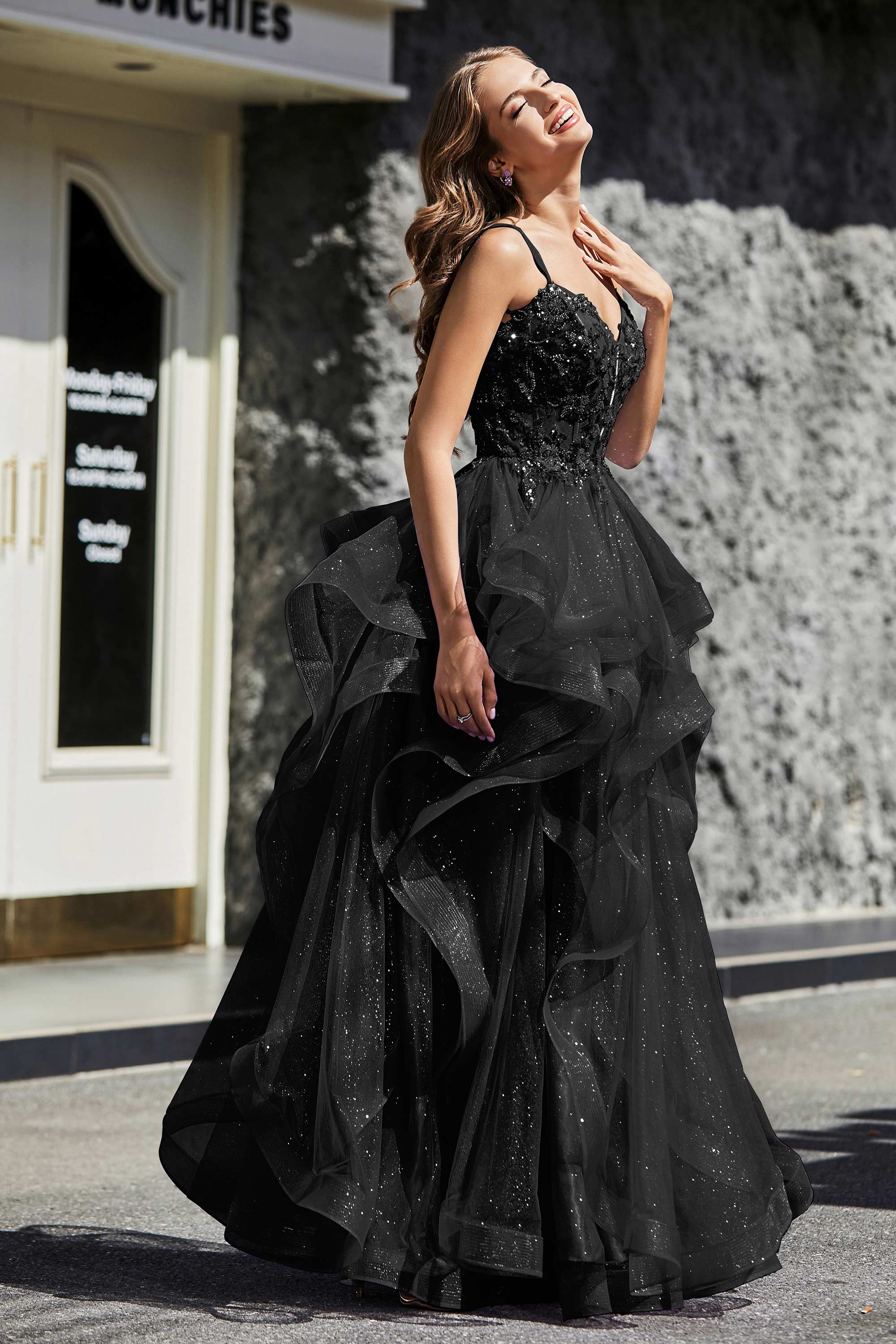 Lace Up Back Ruffle Ruched Tulle Prom Party Ball Gown Formal Evening Dresses