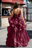 Lace Up Back Ruffle Ruched Tulle Prom Party Ball Gown Formal Evening Dresses
