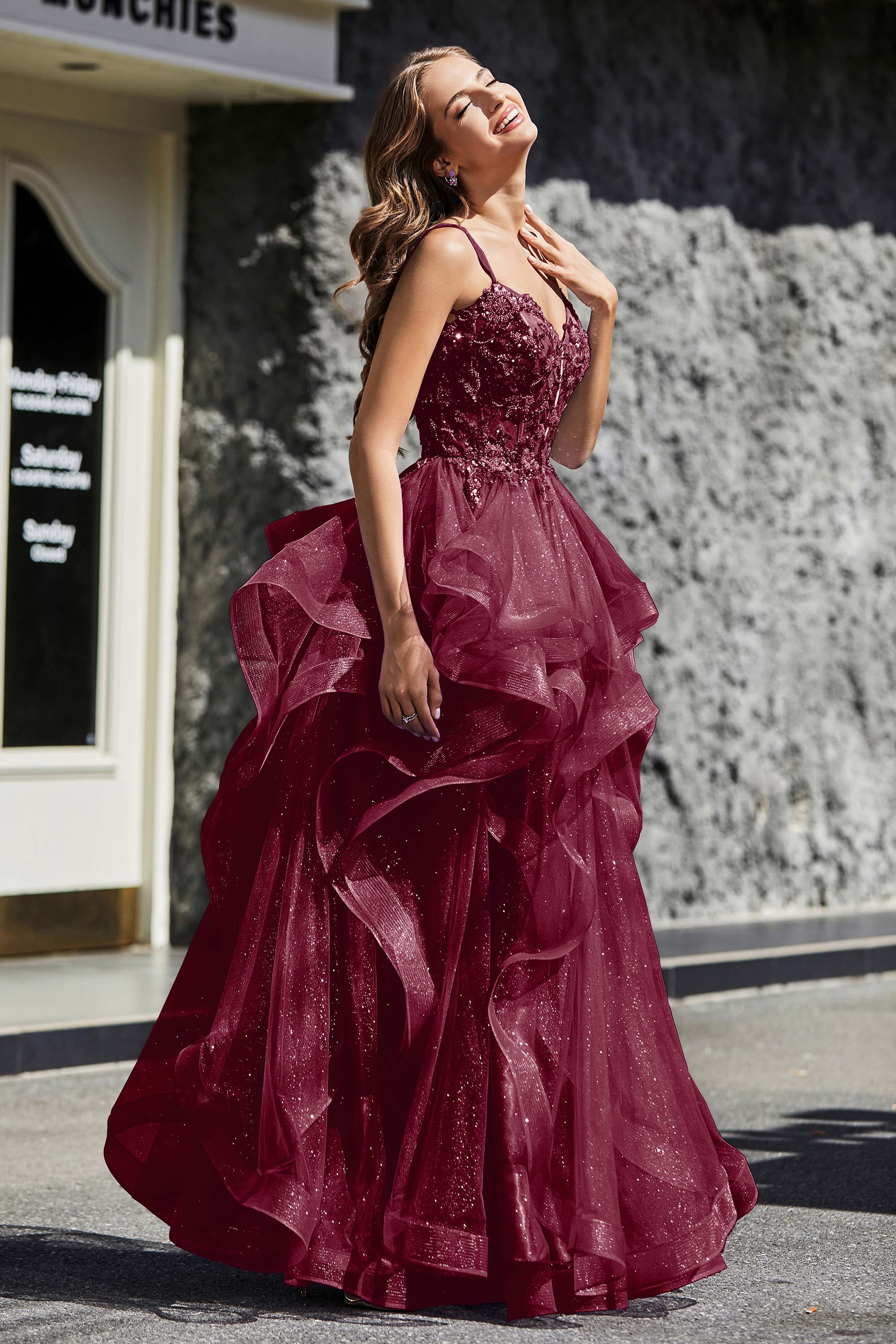 Lace Up Back Ruffle Ruched Tulle Prom Party Ball Gown Formal Evening Dresses