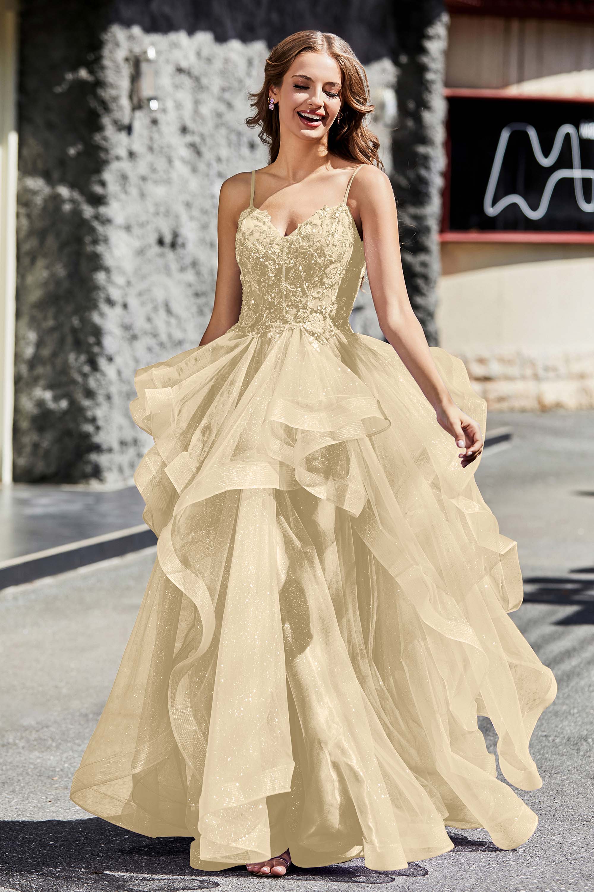 Lace Up Back Ruffle Ruched Tulle Prom Party Ball Gown Formal Evening Dresses