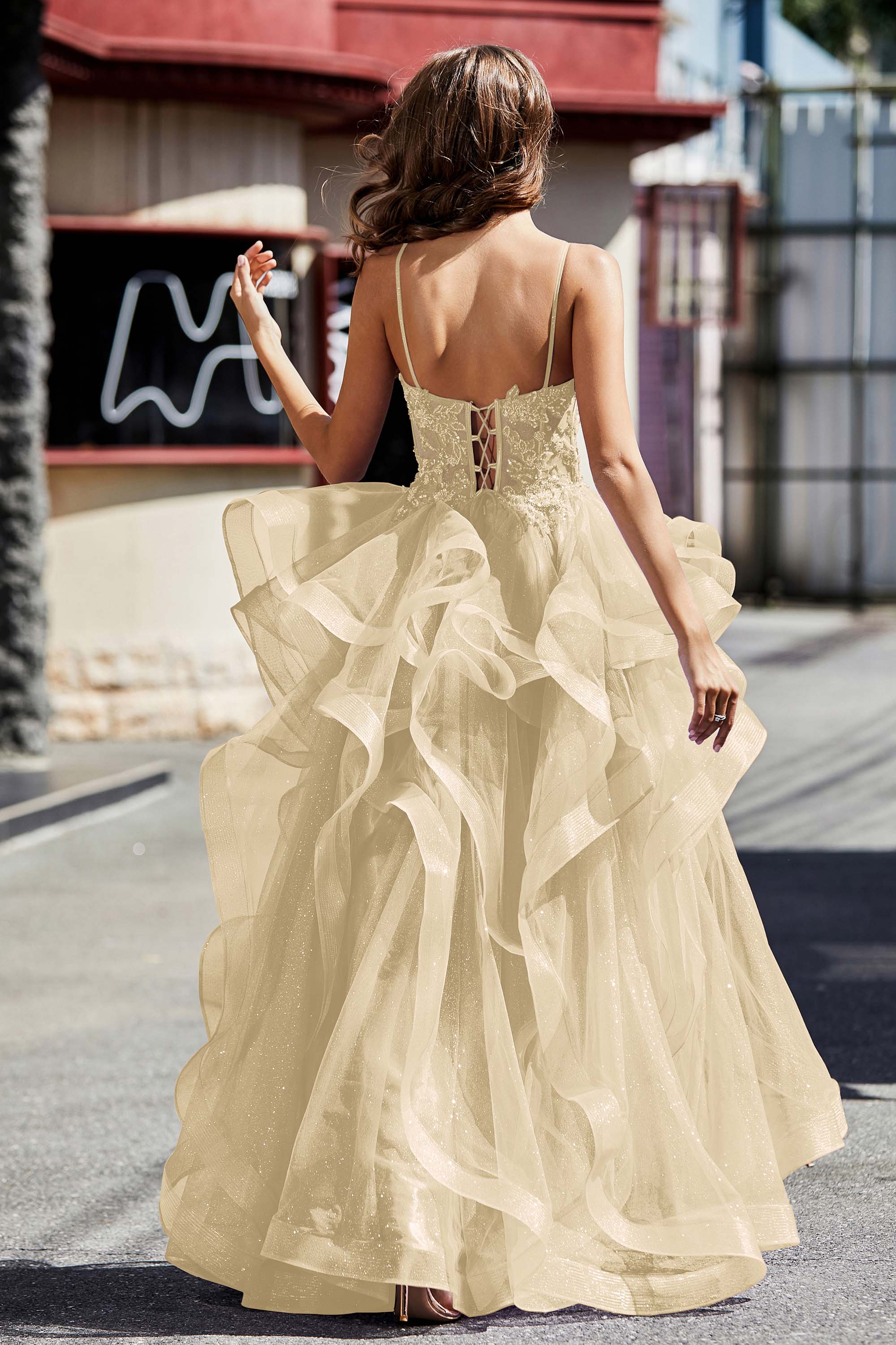 Lace Up Back Ruffle Ruched Tulle Prom Party Ball Gown Formal Evening Dresses