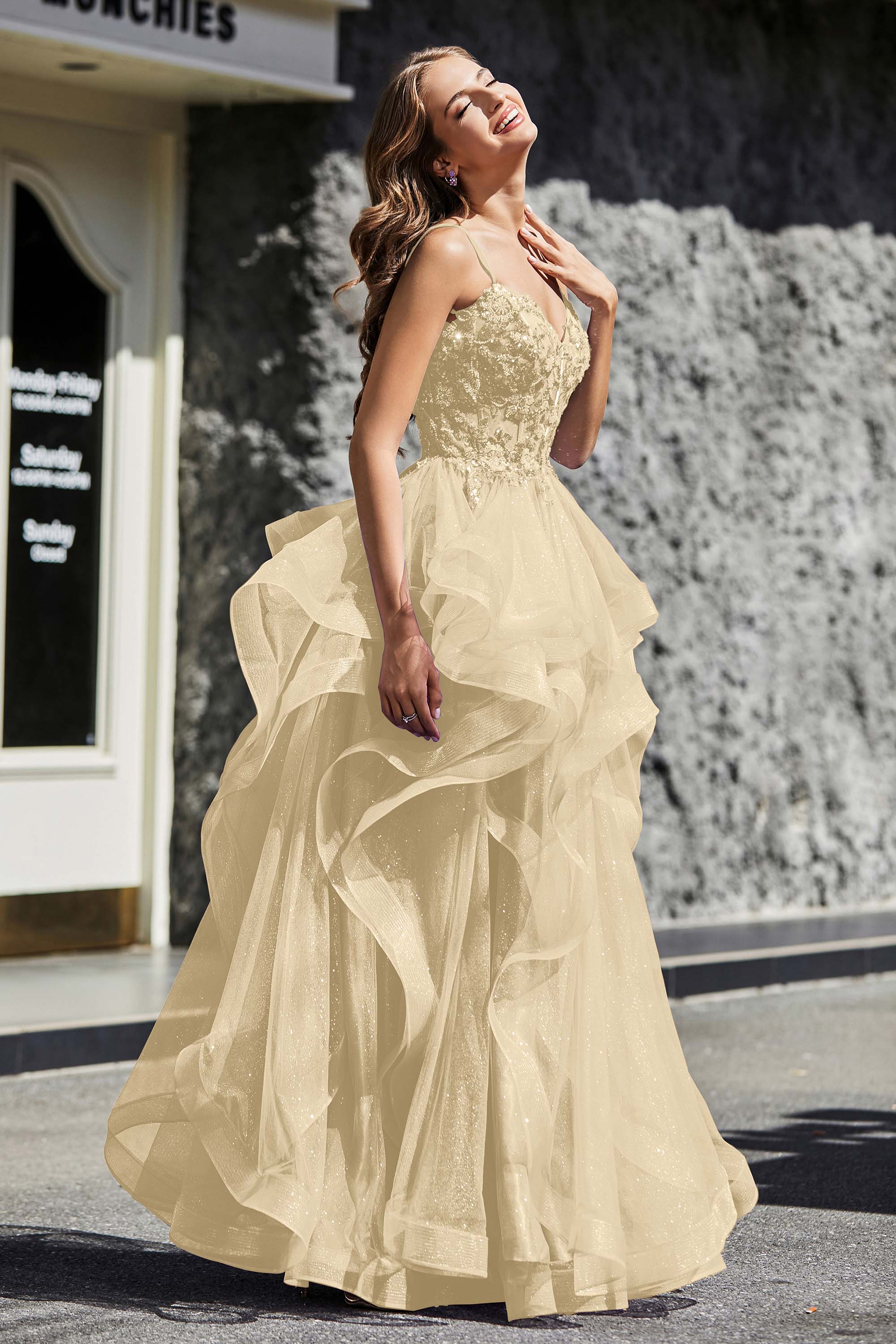 Lace Up Back Ruffle Ruched Tulle Prom Party Ball Gown Formal Evening Dresses