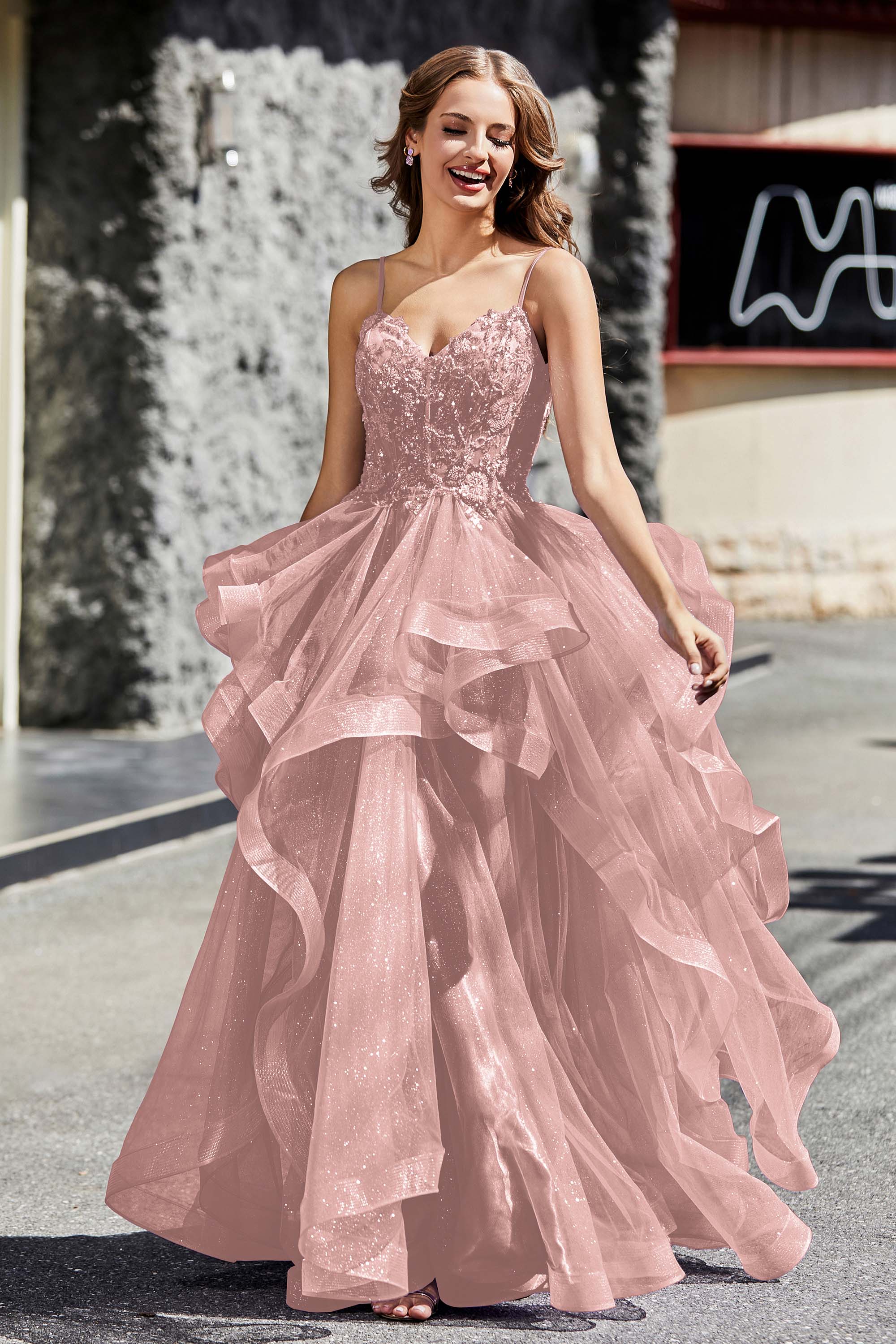 Lace Up Back Ruffle Ruched Tulle Prom Party Ball Gown Formal Evening Dresses