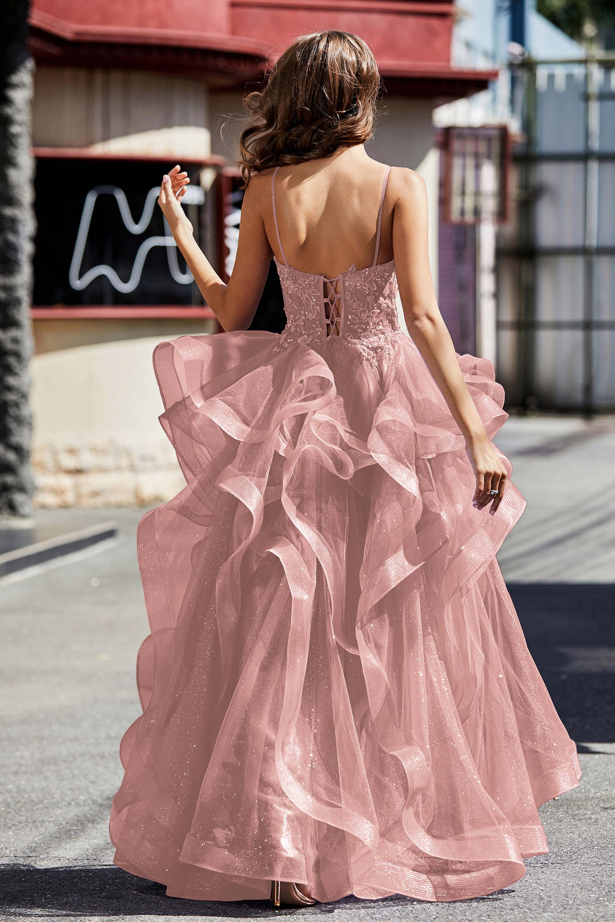 Lace Up Back Ruffle Ruched Tulle Prom Party Ball Gown Formal Evening Dresses