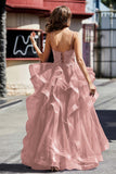 Lace Up Back Ruffle Ruched Tulle Prom Party Ball Gown Formal Evening Dresses