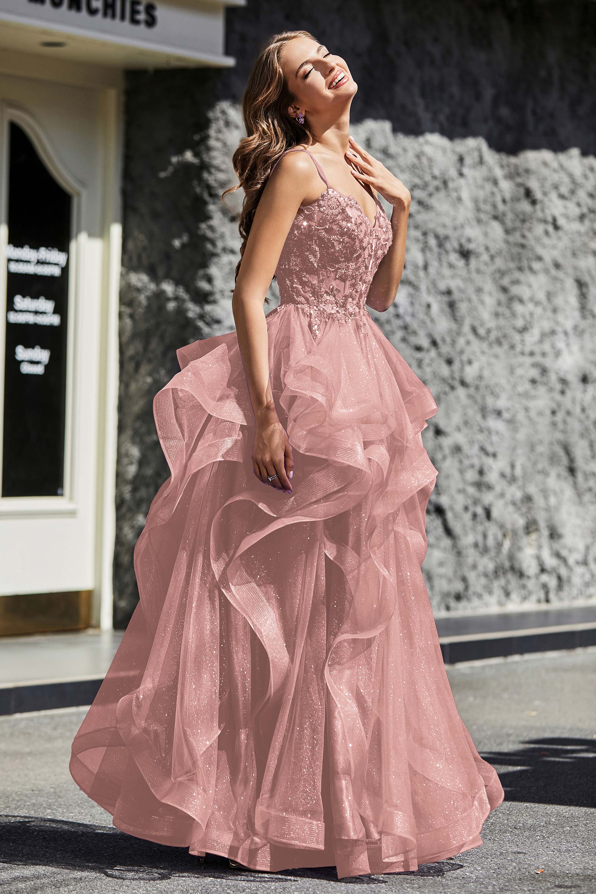 Lace Up Back Ruffle Ruched Tulle Prom Party Ball Gown Formal Evening Dresses