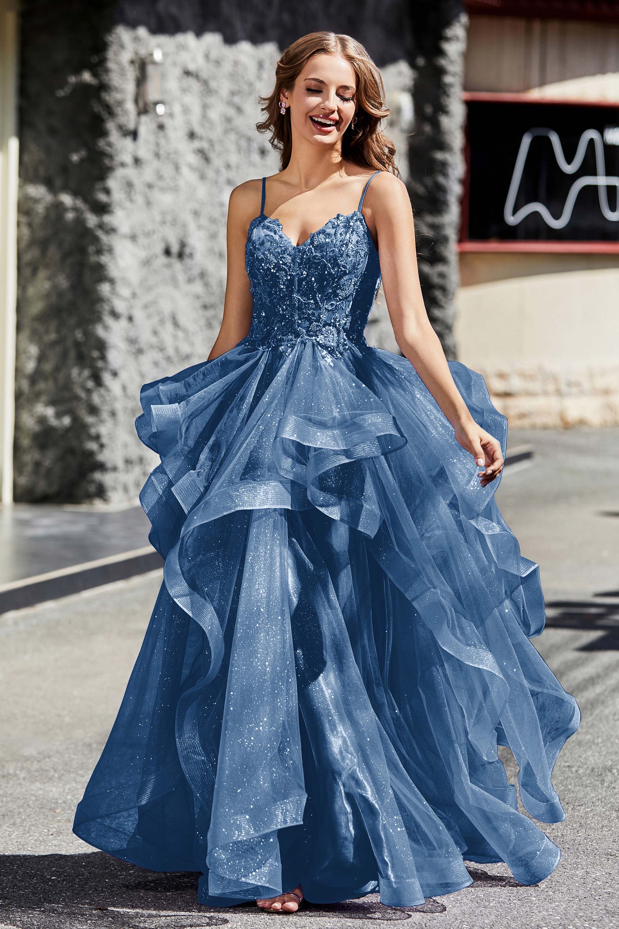 Lace Up Back Ruffle Ruched Tulle Prom Party Ball Gown Formal Evening Dresses