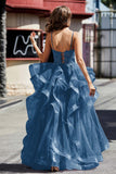 Lace Up Back Ruffle Ruched Tulle Prom Party Ball Gown Formal Evening Dresses