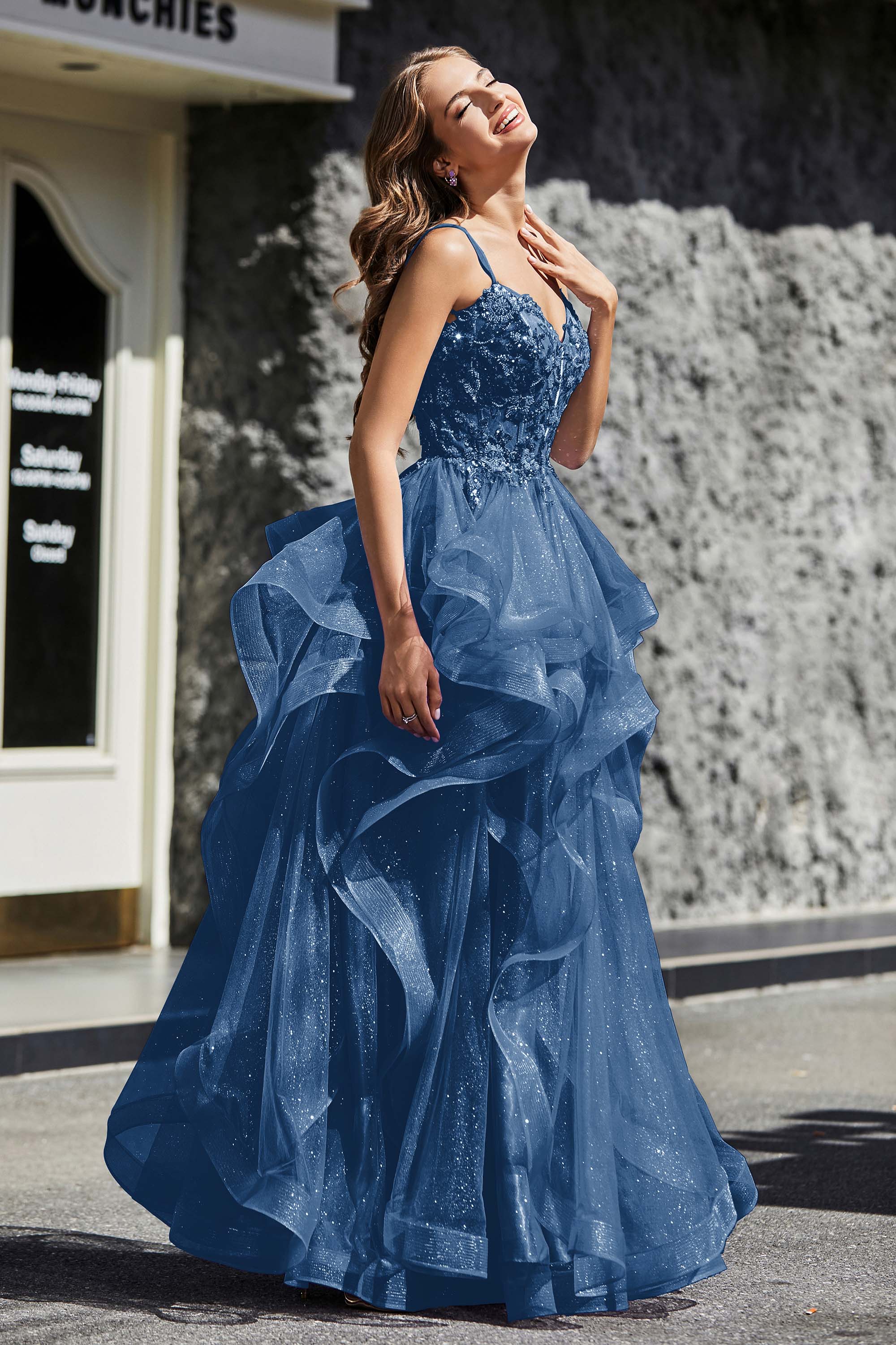 Lace Up Back Ruffle Ruched Tulle Prom Party Ball Gown Formal Evening Dresses