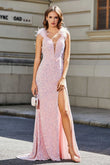 Feather Trimmed Straps Sequins Formal Evening Gown with High Slit Prom Party Dress