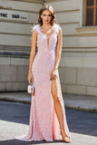 Feather Trimmed Straps Sequins Formal Evening Gown with High Slit Prom Party Dress
