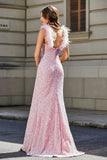 Feather Trimmed Straps Sequins Formal Evening Gown with High Slit Prom Party Dress