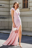 Feather Trimmed Straps Sequins Formal Evening Gown with High Slit Prom Party Dress