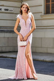 Feather Trimmed Straps Sequins Formal Evening Gown with High Slit Prom Party Dress