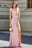 Feather Trimmed Straps Sequins Formal Evening Gown with High Slit Prom Party Dress