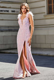 Feather Trimmed Straps Sequins Formal Evening Gown with High Slit Prom Party Dress