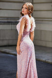 Feather Trimmed Straps Sequins Formal Evening Gown with High Slit Prom Party Dress