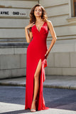 High Slit Long Sleeveless Jersey Formal Evening Mermaid Gown Prom Party Dresses