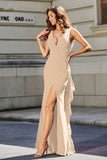 High Slit Long Sleeveless Jersey Formal Evening Mermaid Gown Prom Party Dresses