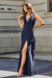 High Slit Long Sleeveless Jersey Formal Evening Mermaid Gown Prom Party Dresses