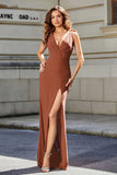 High Slit Long Sleeveless Jersey Formal Evening Mermaid Gown Prom Party Dresses