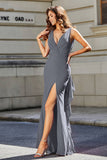 High Slit Long Sleeveless Jersey Formal Evening Mermaid Gown Prom Party Dresses