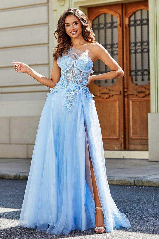One-Shoulder-Korsett-Top mit Tüll-Applikationen, formelles Abendkleid, Abschlussball, Party, Ballkleid mit Schlitz